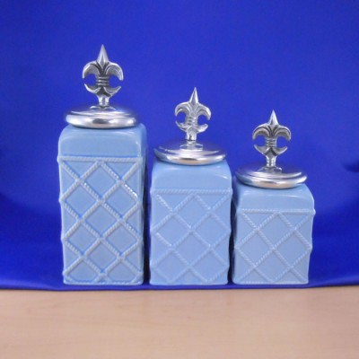 60002BLUE-FDL-SIL CERAMIC CANISTER SET ROPE BLUE W/ FDL SILVER LIDS